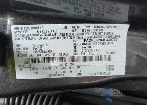 2018 Ford Focus Se from USA, damaged, VIN 1FADP3K20JL330790